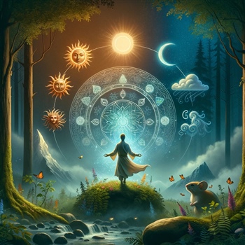 Figura mística con símbolos cósmicos en bosque