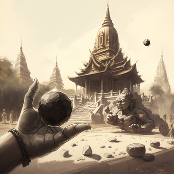 Mano sostiene roca frente a templo etéreo