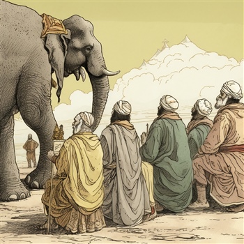 Elefante frente a seis sabios observando