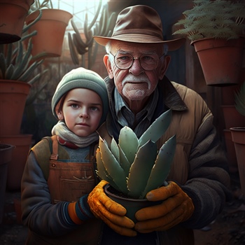 Abuelo y nieto cuidando cactus, enseñanza intergeneracional