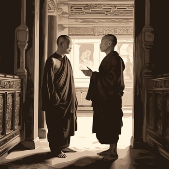 Dos monjes conversando en templo