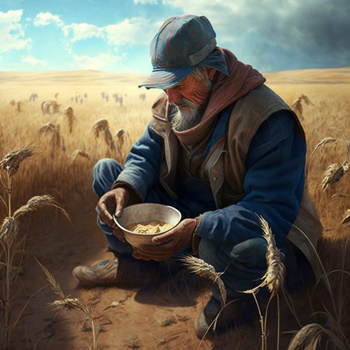 Campesino con cuenco entre trigo