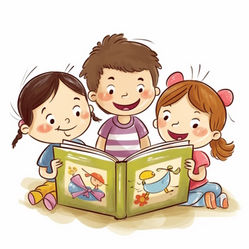 Niños leyendo libro de cuentos juntos