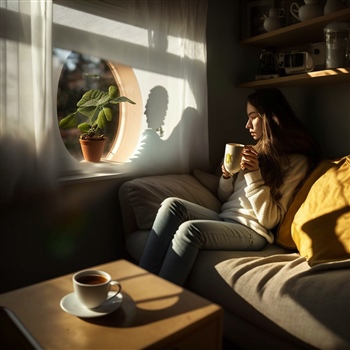 Persona reflexiva con café