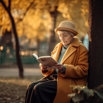 Anciana leyendo en parque otoñal