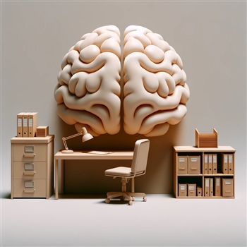 Cerebro con muebles de oficina, simbolizando el almacenamiento de recuerdos