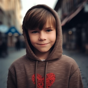 Niño sonriente con capucha y corazón en su ropa