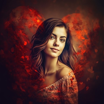 Mujer sonriente con corazones rojos ilustrados