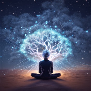 Persona meditando con árbol cerebral iluminado