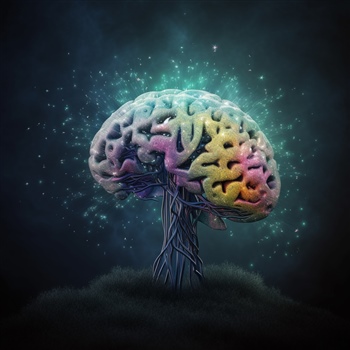 Cerebro ilustrado con destellos, simbolizando actividad neuronal