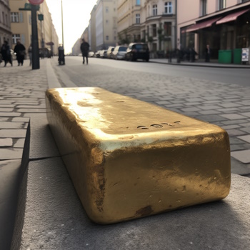 Lingote dorado en calle vacía, metáfora de valor personal