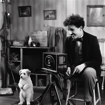 Chaplin sonríe a perro junto a cámara