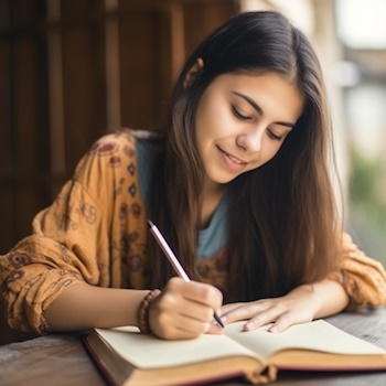Mujer sonriente escribiendo en un diario