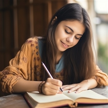 Mujer sonriente escribiendo en un diario