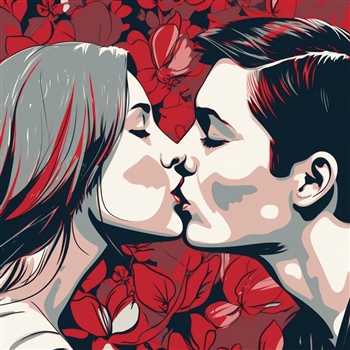 Pareja a punto de besarse, rodeados de flores rojas