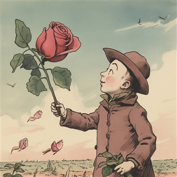 Niño contempla rosa gigante, símbolo de amor