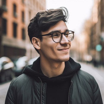 Hombre sonriente con gafas, expresión de contentamiento