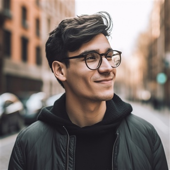 Hombre sonriente con gafas, expresión de contentamiento