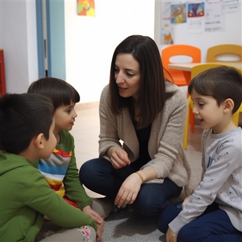 Maestra conversando con niños pequeños en clase