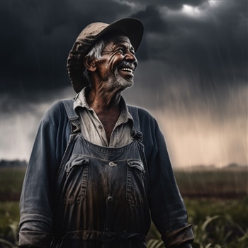 Hombre sonriente bajo la lluvia, optimismo ante adversidad