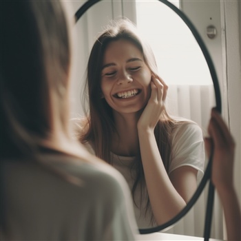 Persona sonriendo a su reflejo en espejo