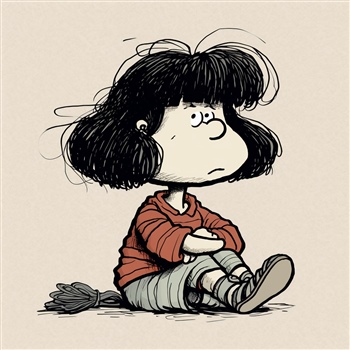 Mafalda reflexiva sentada en el suelo