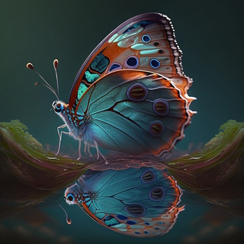 Mariposa vibrante reflejada sobre agua