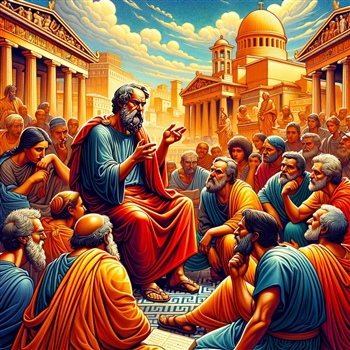 Sócrates hablando con varios seguidores