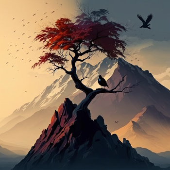 Árbol solitario en montaña con aves volando