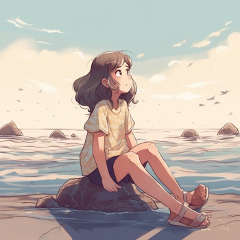Chica relajándose en roca junto al mar