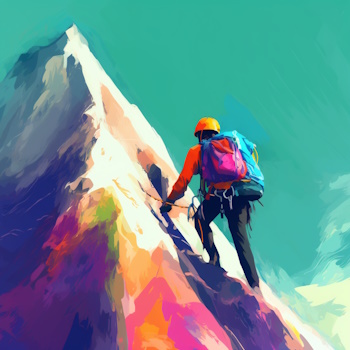Alpinista ascendiendo en montaña colorida