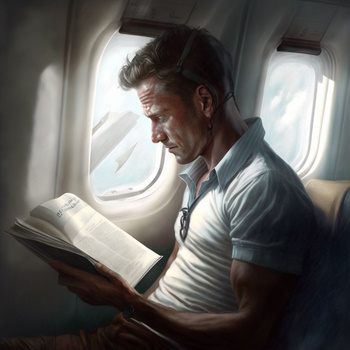 Hombre leyendo en avión, reflexión