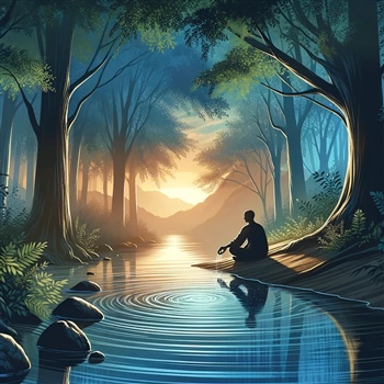 Persona meditando al atardecer junto a un río en el bosque