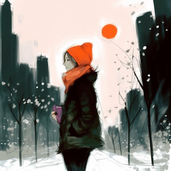 Ilustración de persona reflexiva en ciudad invernal