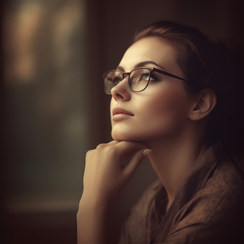 Mujer reflexiva con gafas