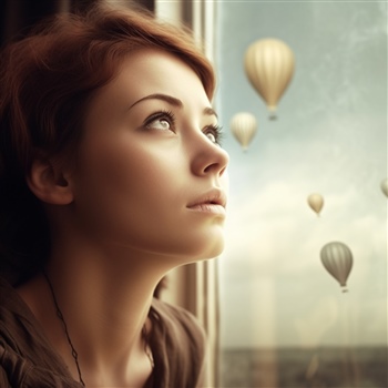 Mujer mirando globos aerostáticos, nostálgica
