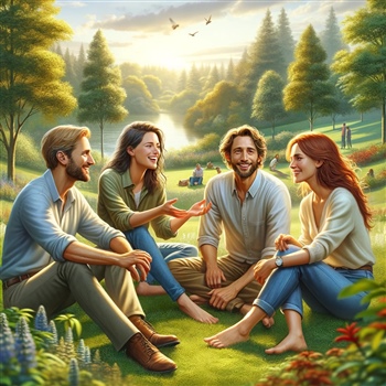 Cuatro amigos conversando felices en un parque