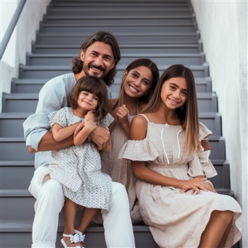 Familia sonriente en escaleras representa la paternidad