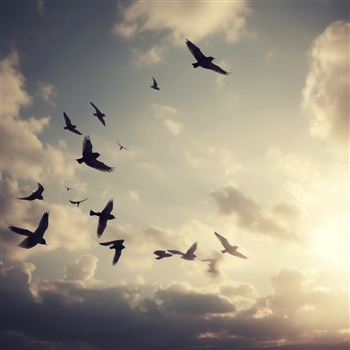 Aves volando en el cielo al atardecer