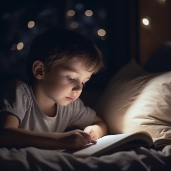 Niño leyendo un libro en la oscuridad