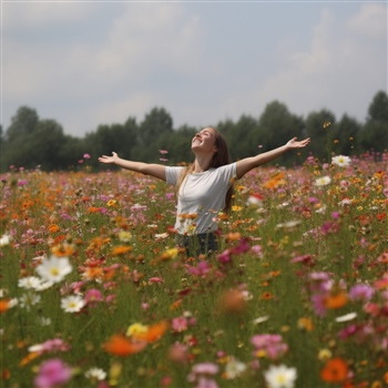 Mujer sonriente en campo de flores, brazos abiertos